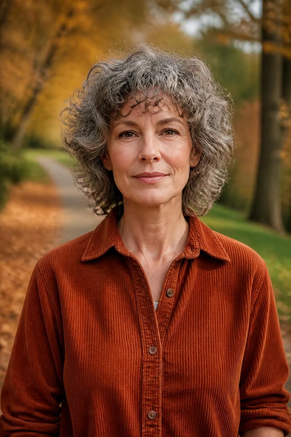 Short curly gray shag with choppy layers and short curly bangs
