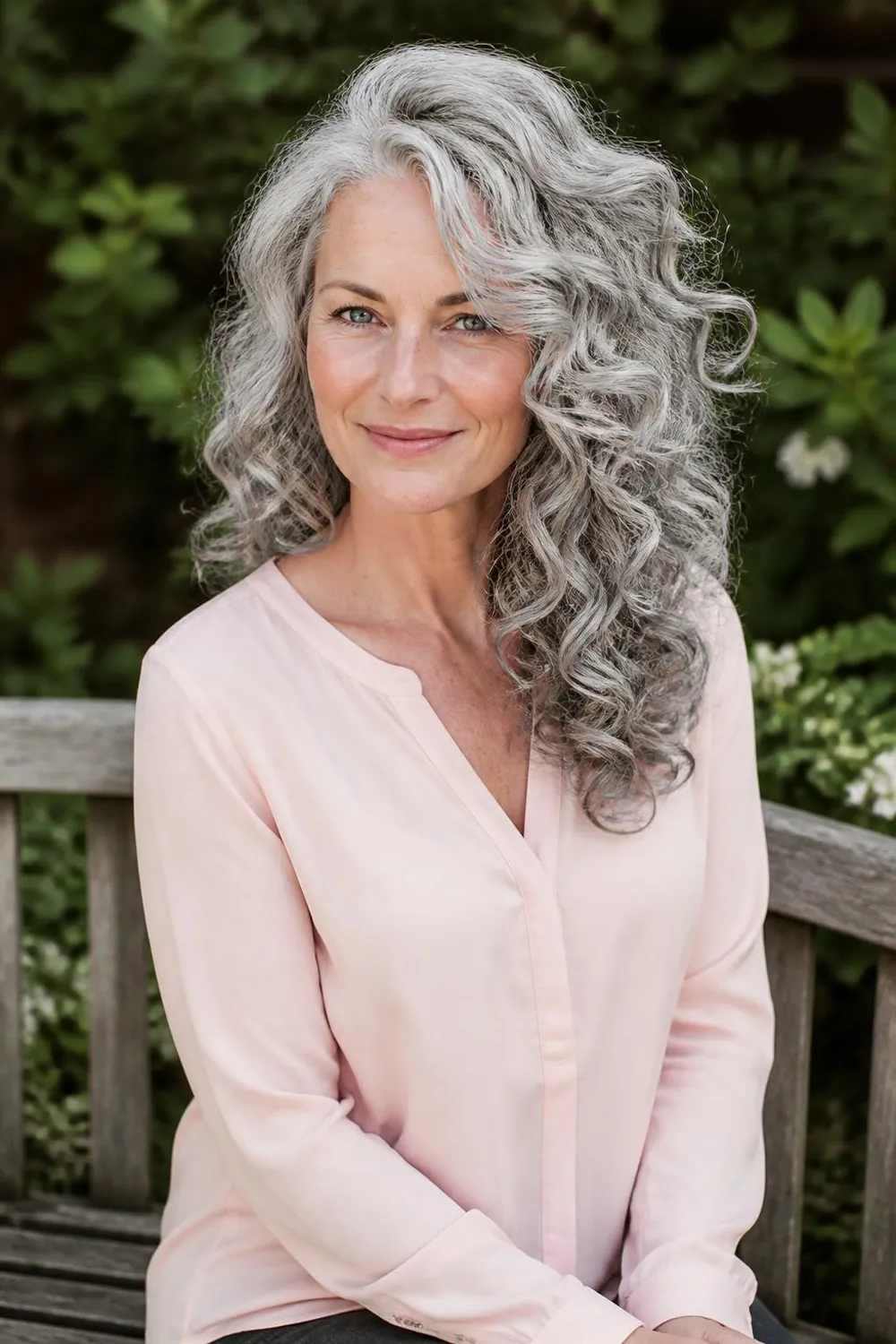 Fine loose gray curls with a deep side part for extra volume