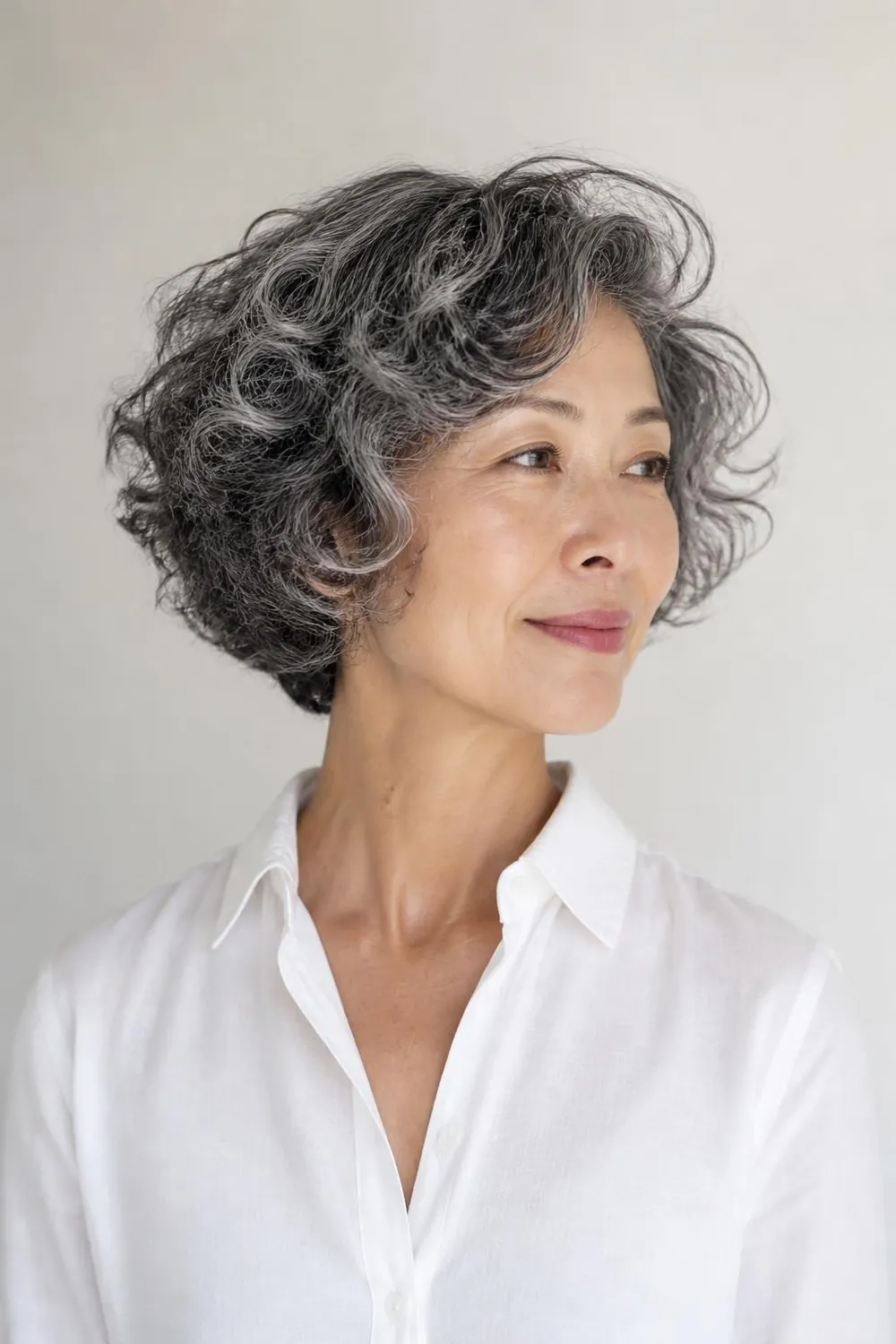 Ear-length curly gray bob with interior layers and bouncy curls