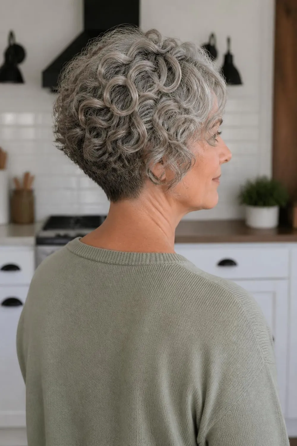 Stacked curly gray bob short at the back and longer at the front
