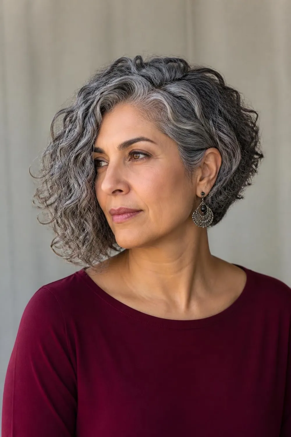 Asymmetrical curly gray bob with one side longer than the other