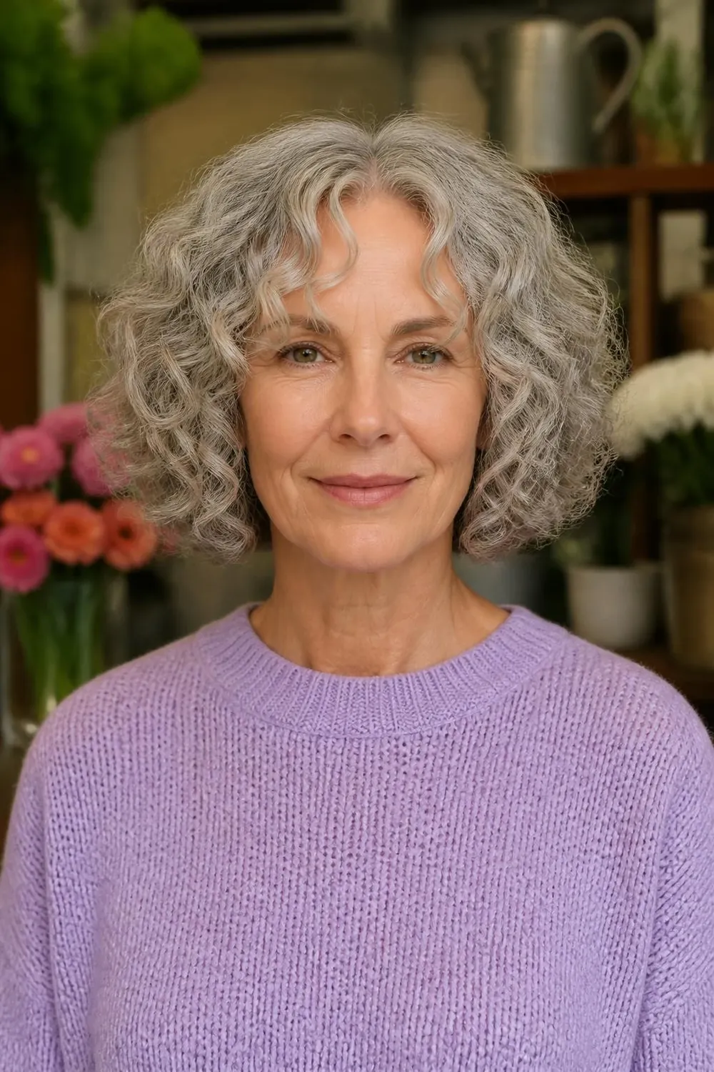 Chin-length curly gray bob with curly curtain bangs parted in the middle