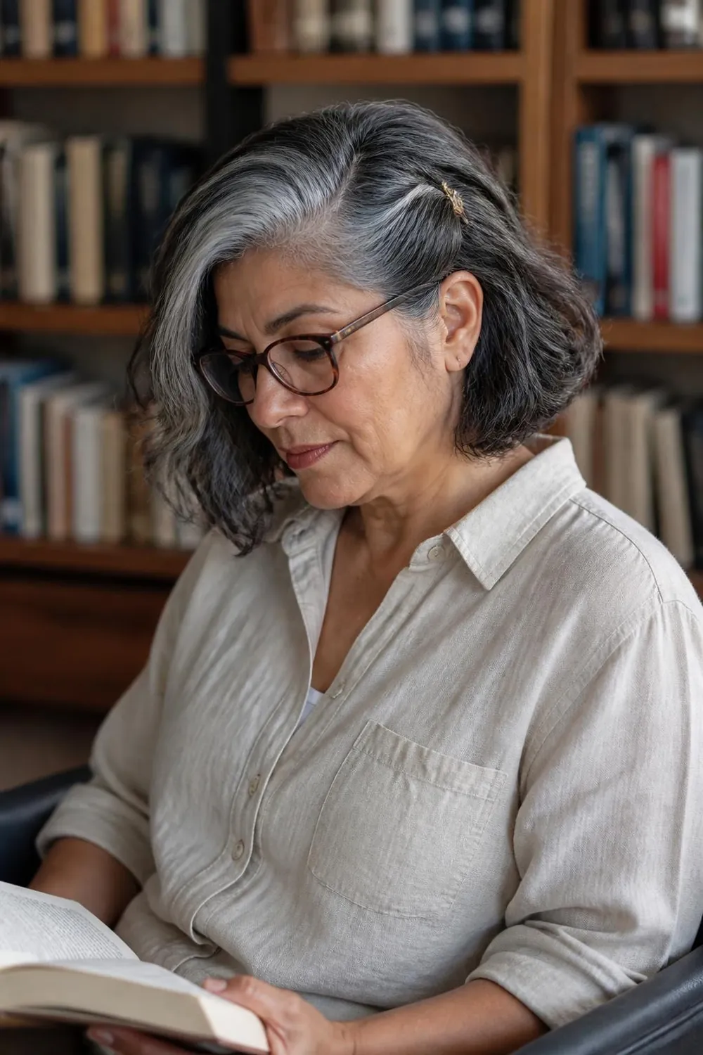 Wavy gray bob with one side tucked behind the ear with a small clip