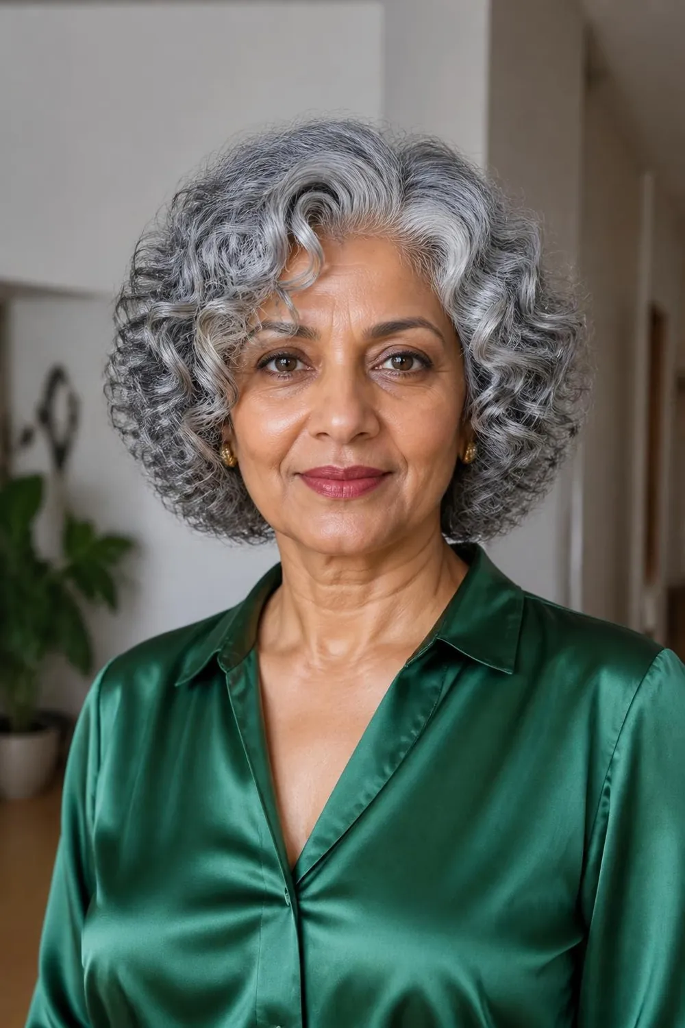 Jaw-length silver corkscrew curls with defined spirals on a woman over 50