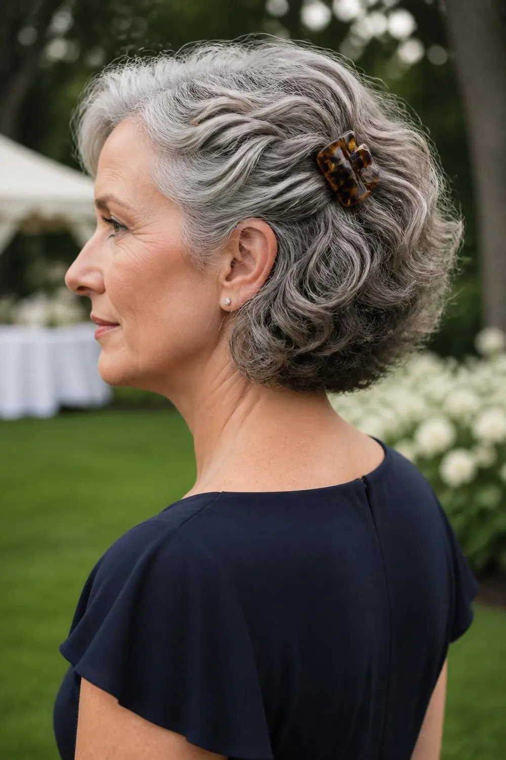 Short gray curls pinned back on one side with a decorative clip
