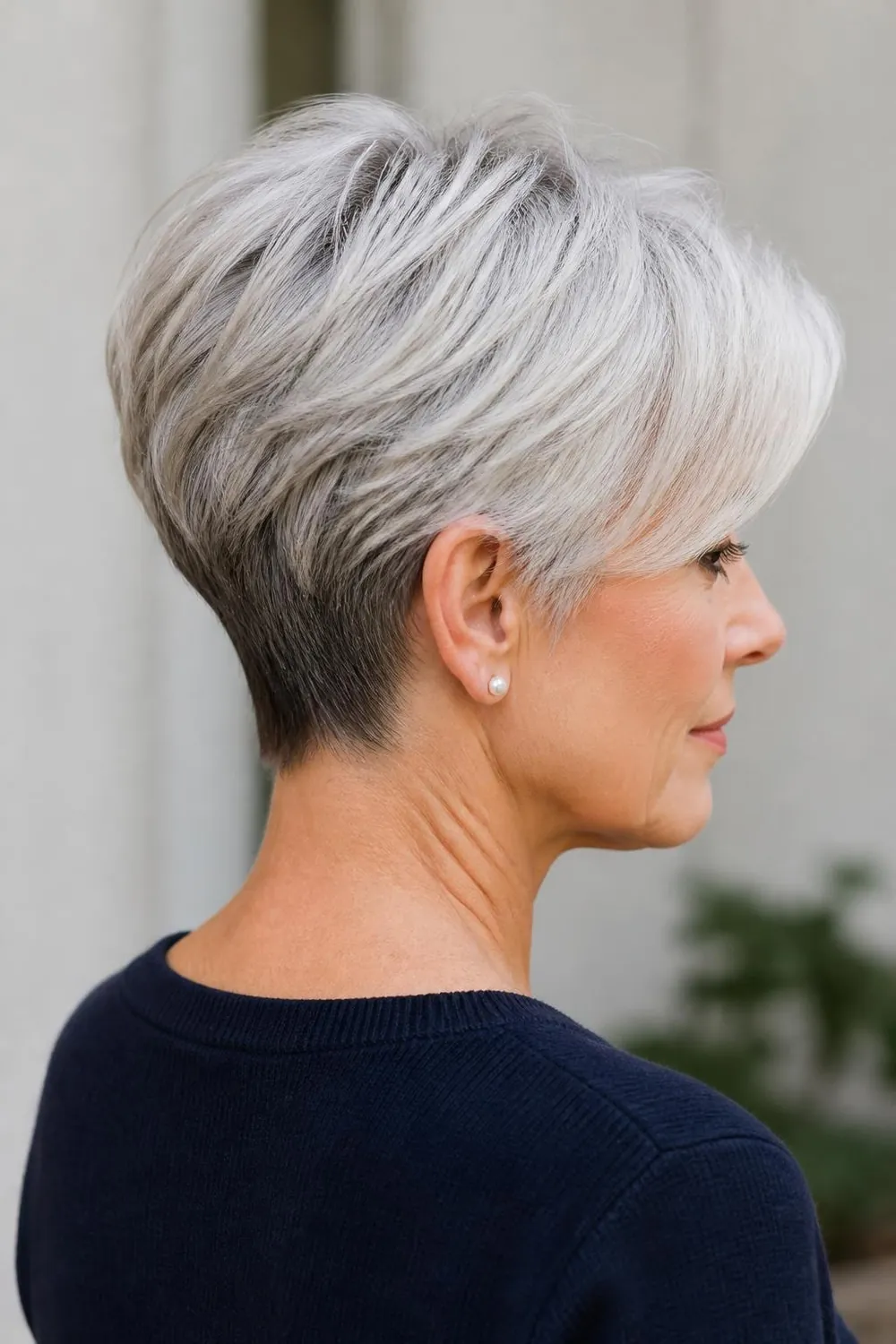 Side-swept silver pixie with smoky lowlights placed at the nape and behind the ears