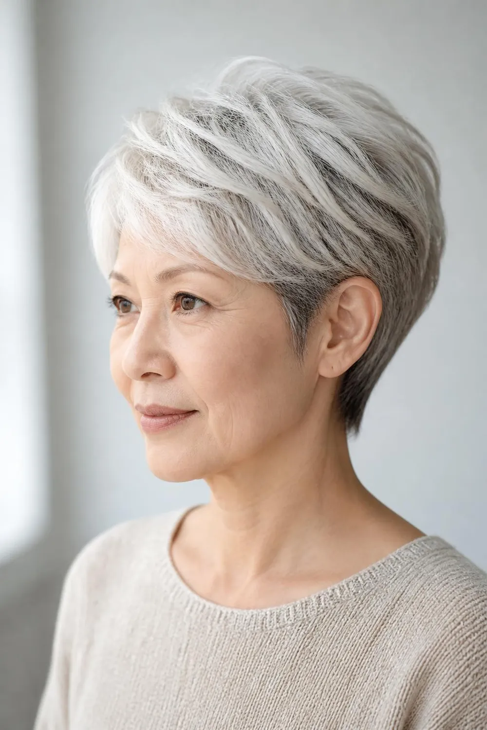 Tapered gray pixie with soft taupe lowlights for very white hair over 50
