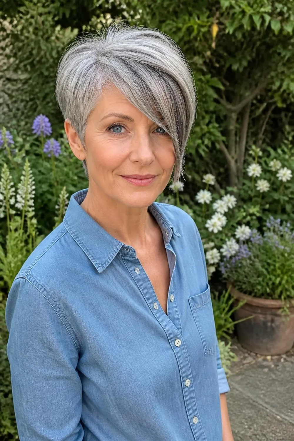 Long gray pixie with slate gray lowlights framing the face and longer fringe