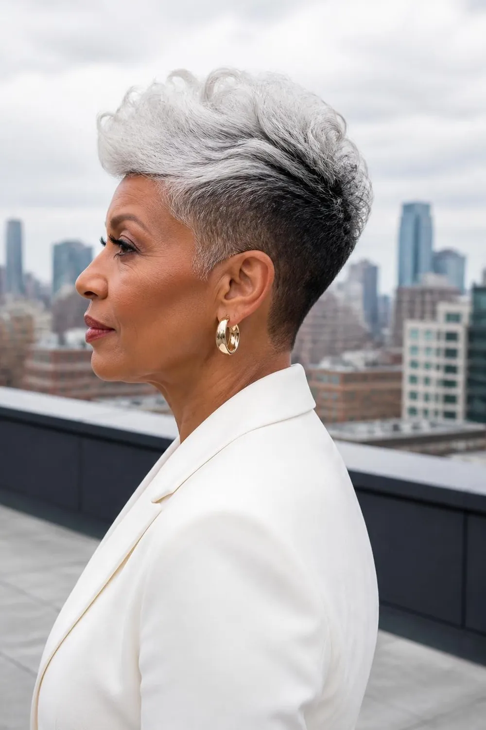 Two-tone pixie with graphite undercut sides and a natural silver top