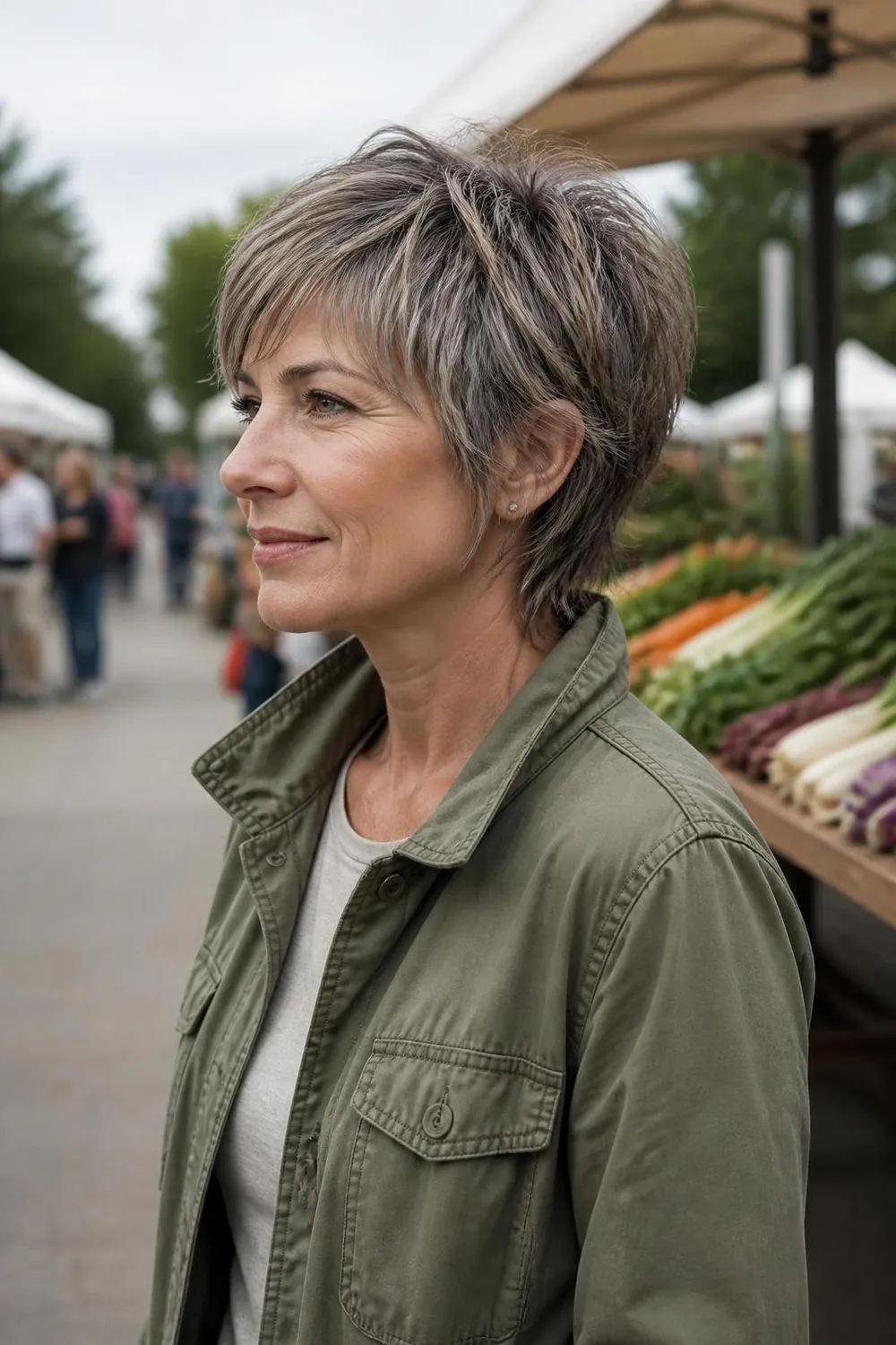 Shaggy gray bixie with mushroom brown lowlights for dimension from every angle