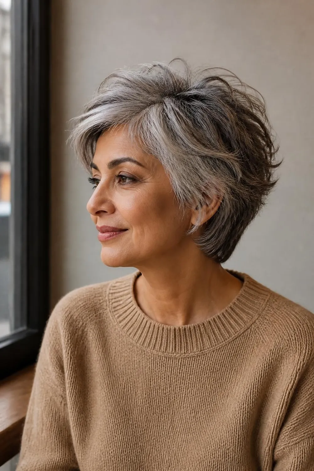 Shaggy bixie with warm mocha lowlights over silver for golden and olive skin