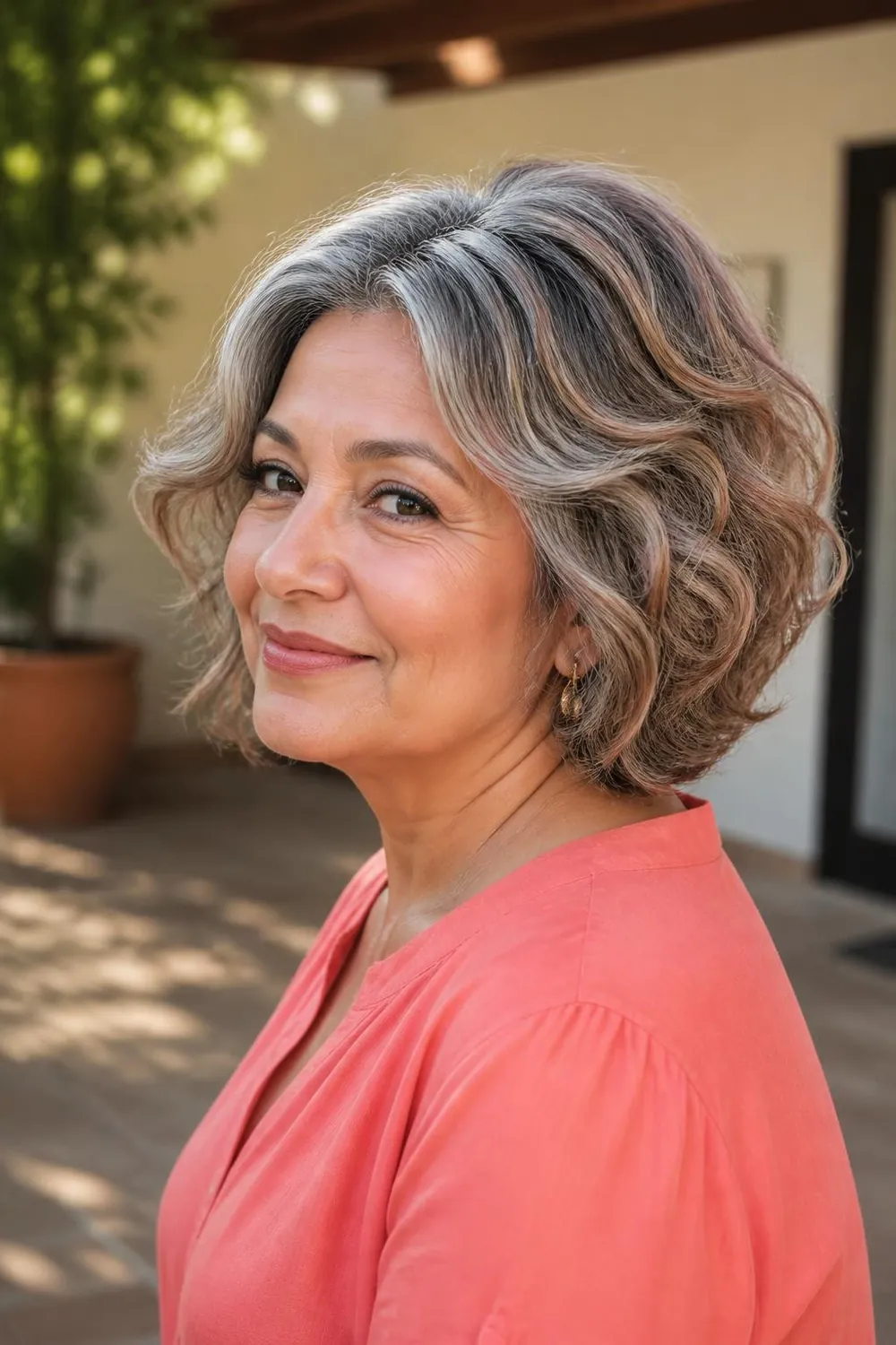 Short wavy gray haircut with caramel lowlights adding warmth to a silver base