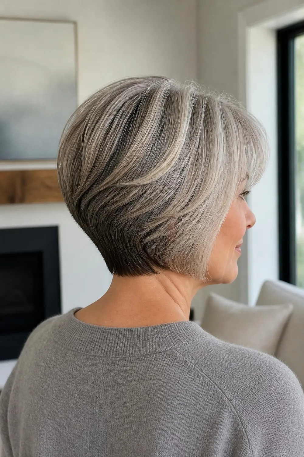 Stacked gray bob with pewter lowlights in the graduated layers at the back