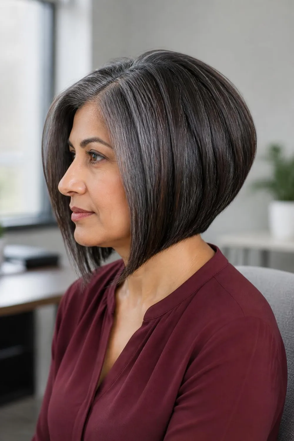 Inverted gray bob with fine espresso lowlights for a former deep brunette