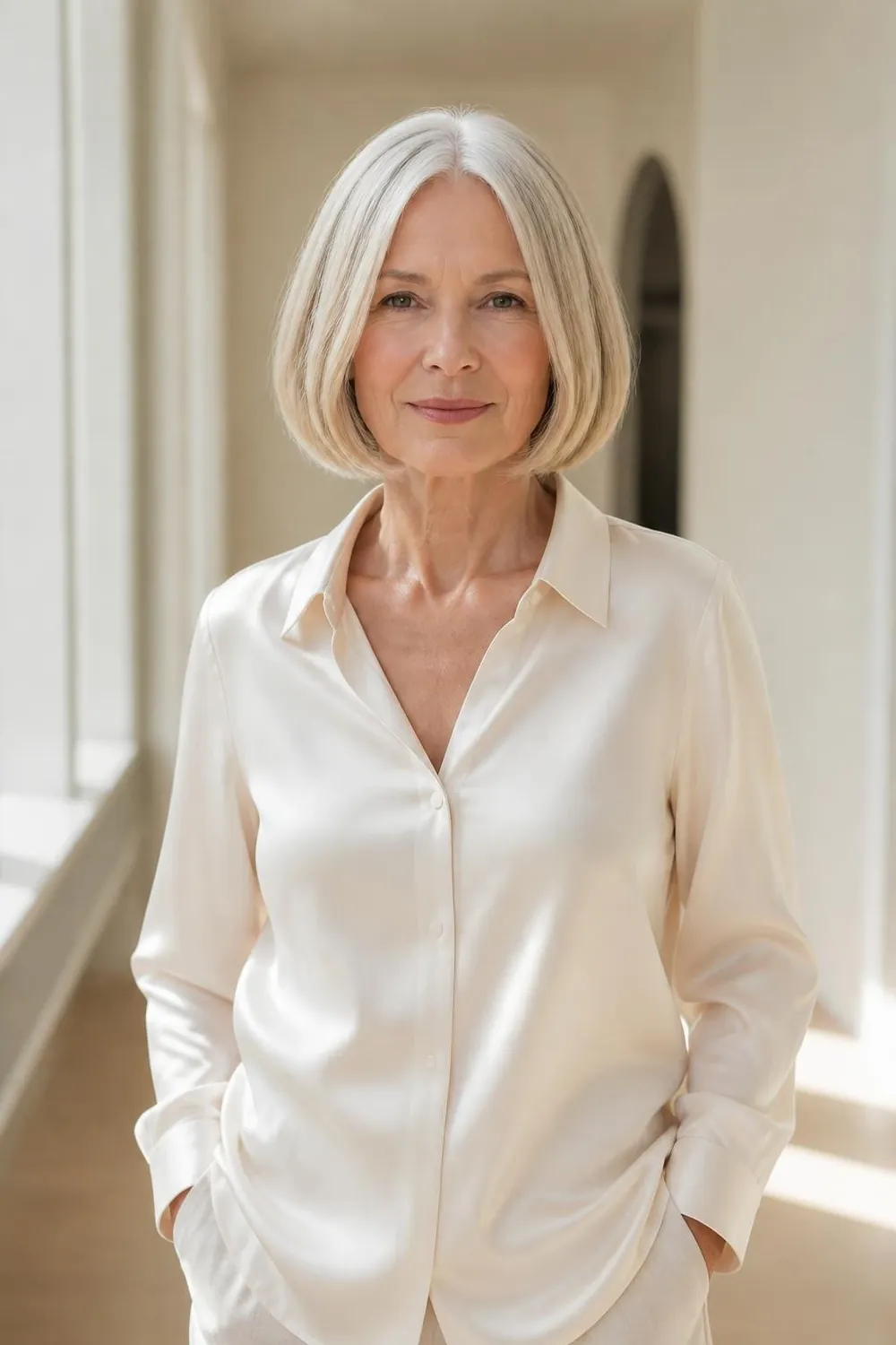 Chin-length blunt gray bob with honey beige lowlights for a former blonde
