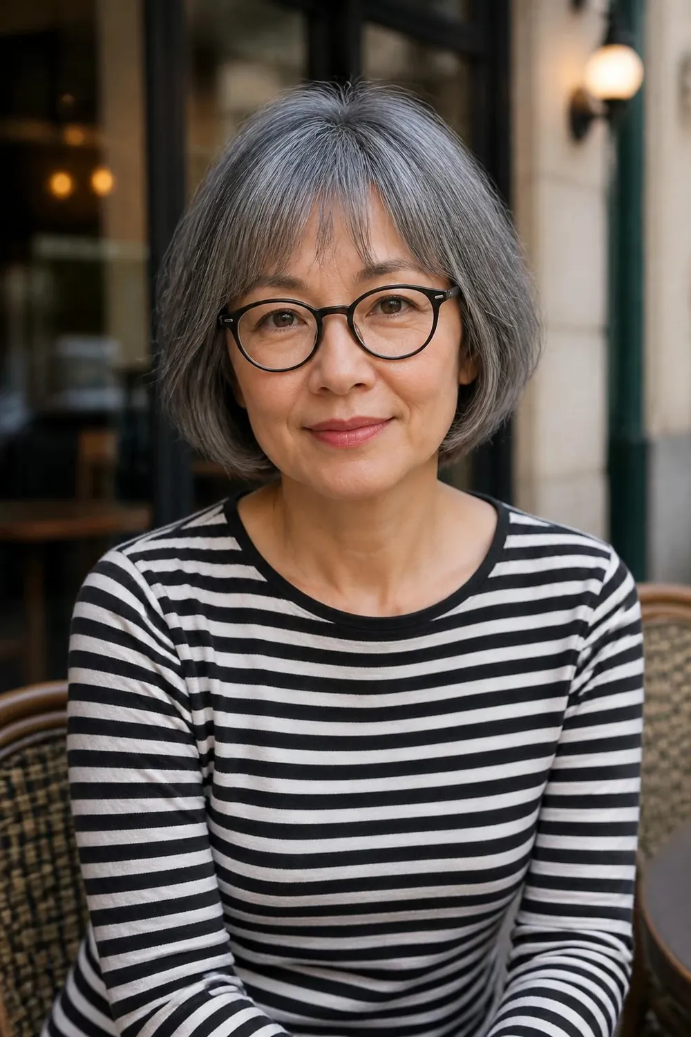 French bob in gray hair with ash lowlights and a soft choppy fringe