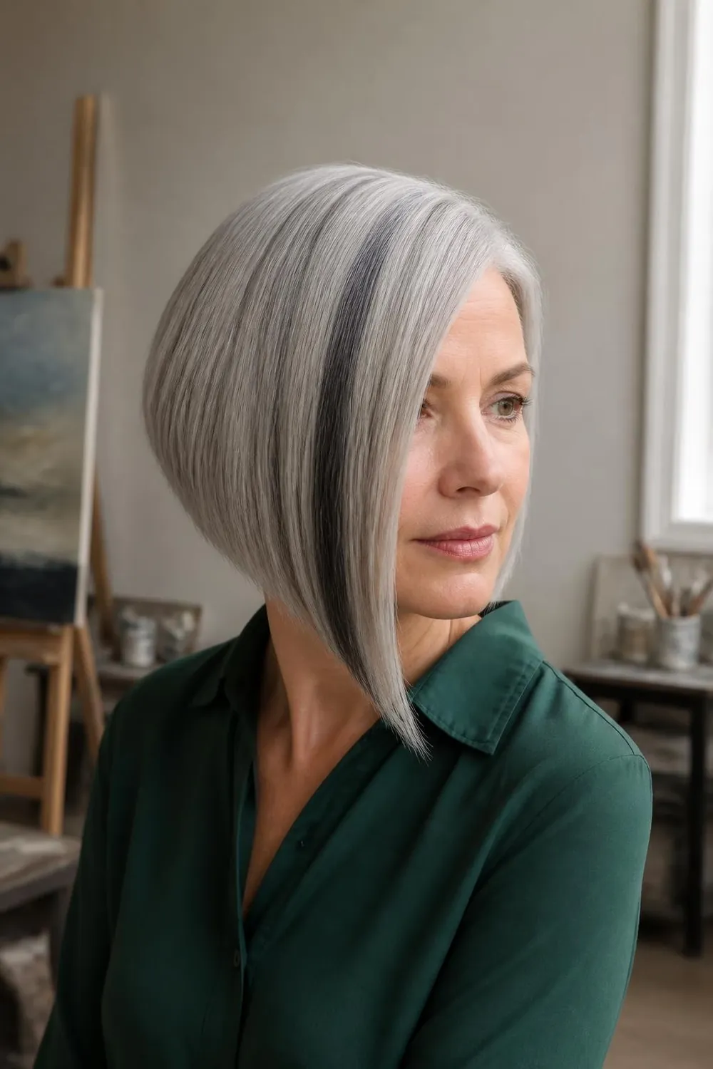 Asymmetric silver bob with one charcoal lowlight panel on the longer side