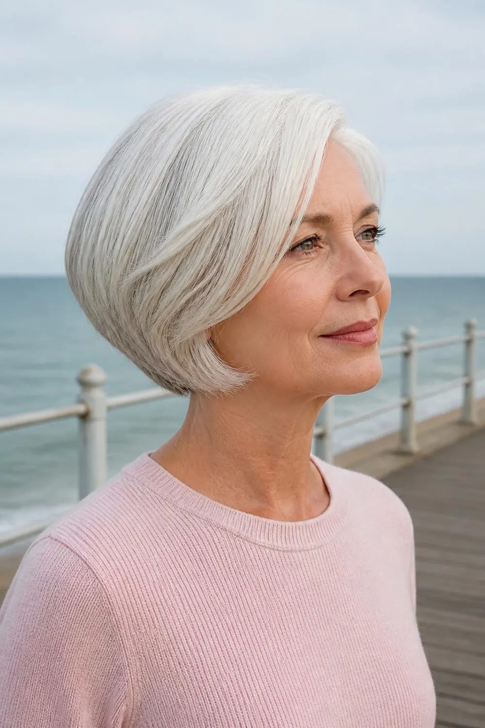 Ear-length white bob with subtle silver blonde lowlights for gentle depth