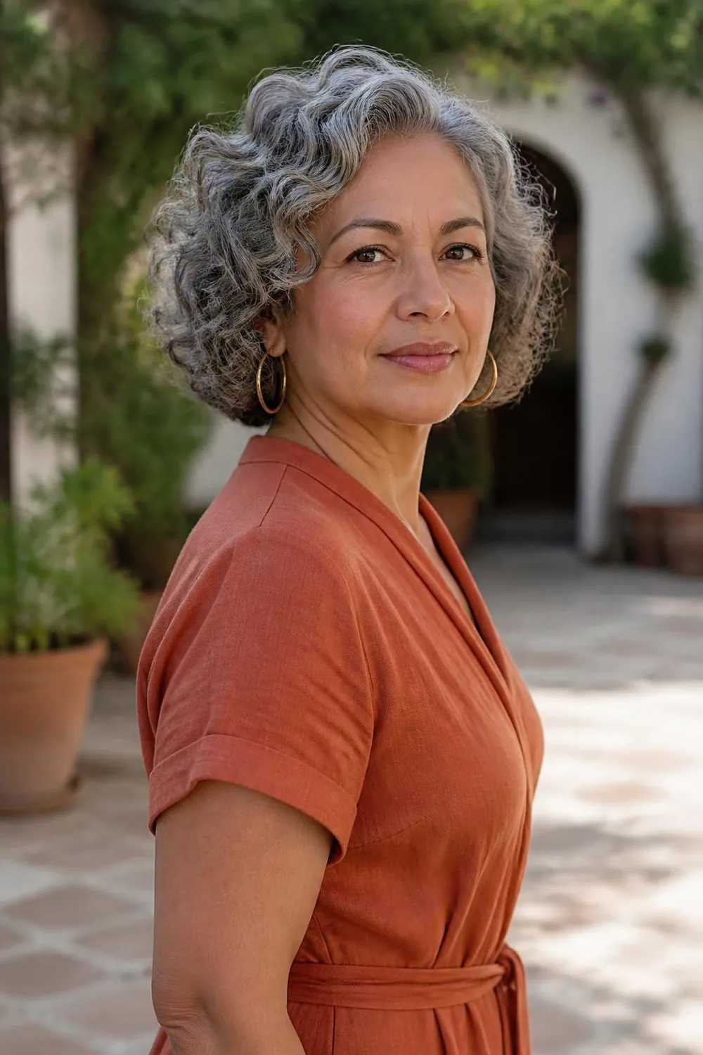 Short curly gray hair with painted chestnut lowlights inside each curl