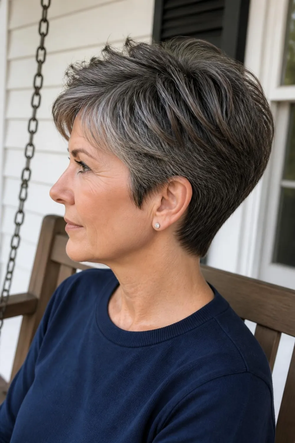 Short salt and pepper hair with dark lowlights restoring the pepper tones
