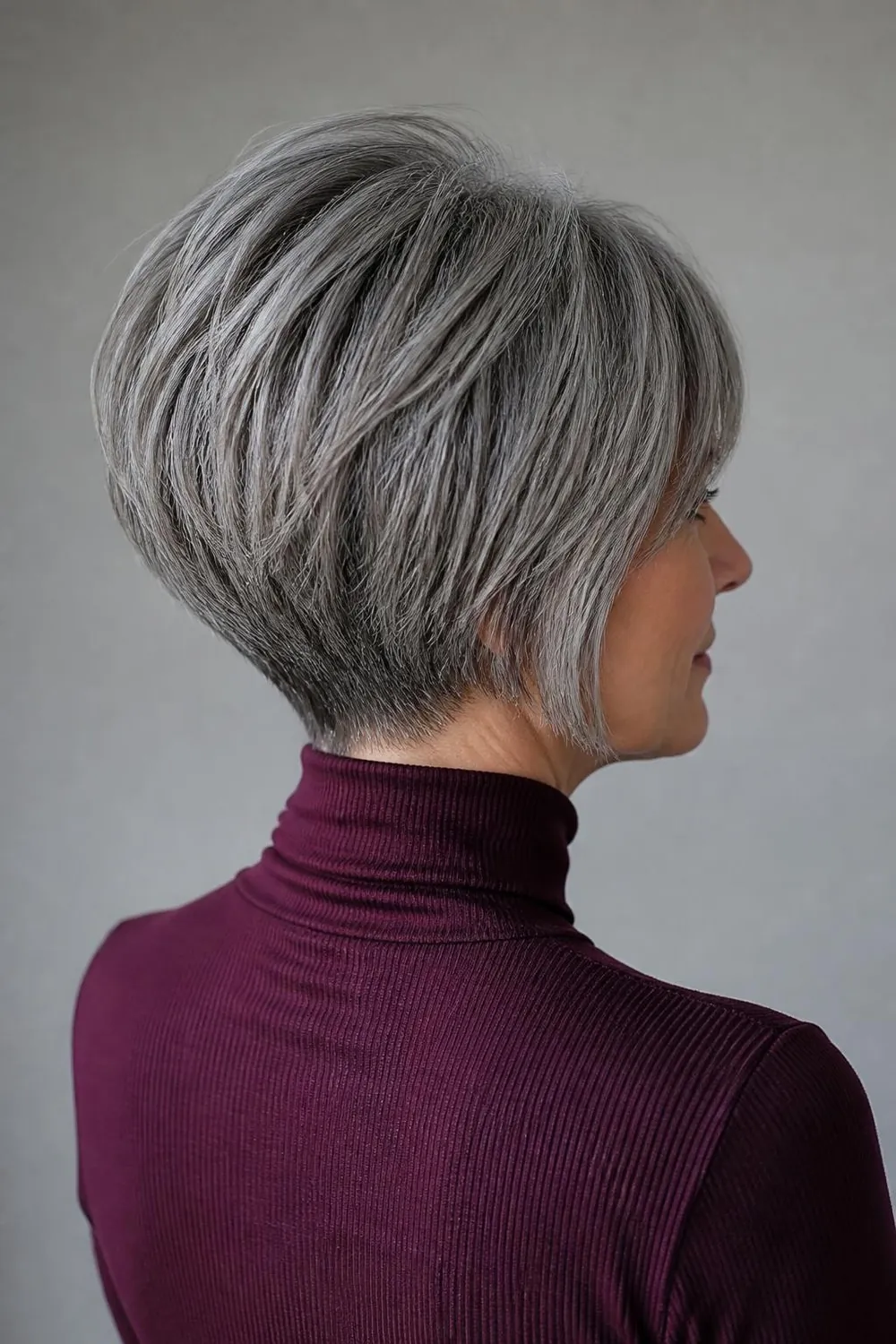 Classic wedge haircut in gray with graphite lowlights in the stacked back