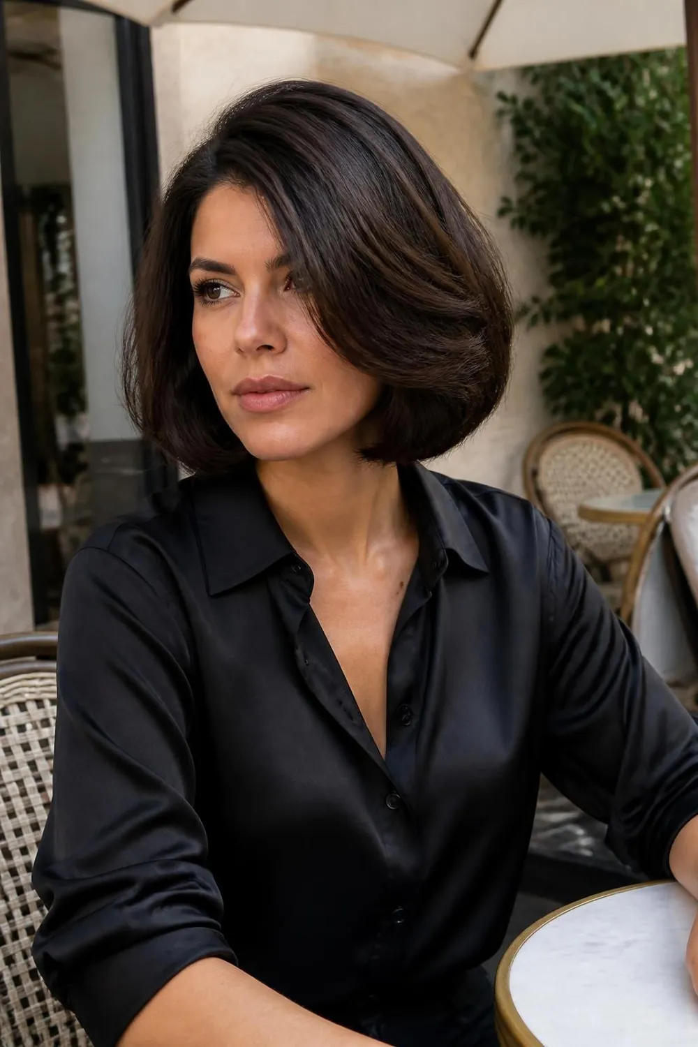 Full Italian bob at the jaw with bouncy volume, suited to medium or thick hair