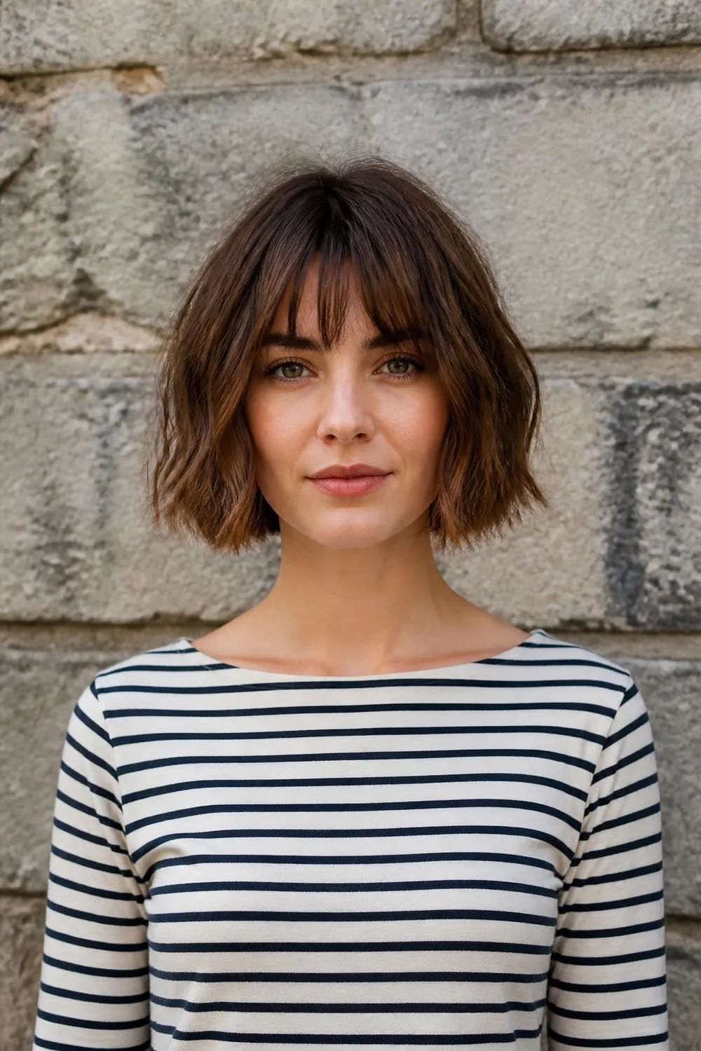 Lip-length French bob with a soft brow-grazing fringe for straight or wavy hair