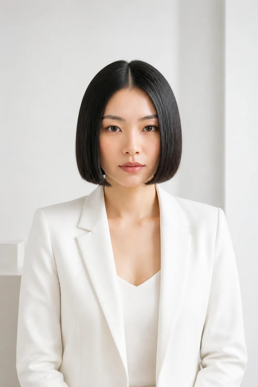 Ultra-glossy glass bob with a sleek center part for healthy straight hair