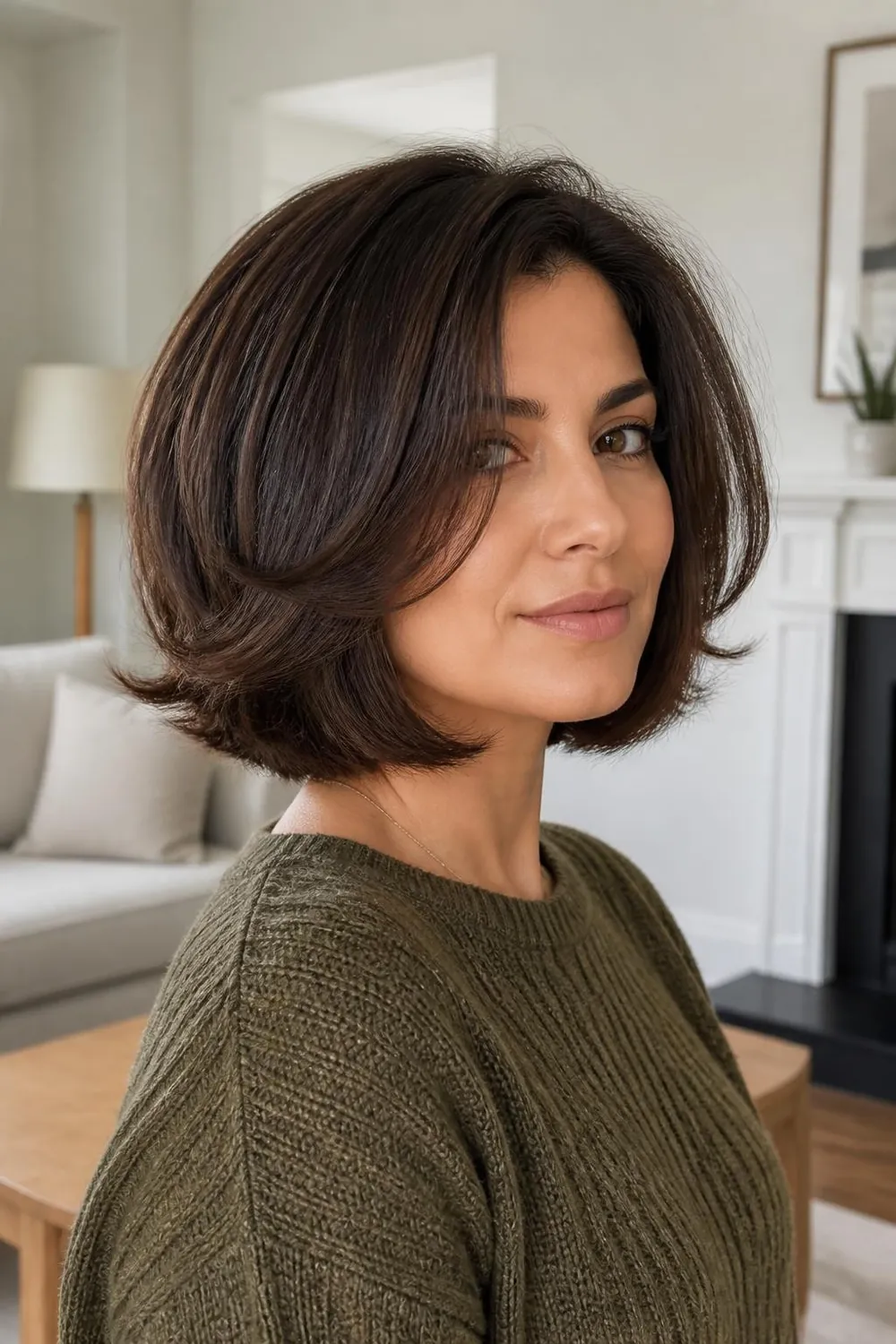 Butterfly bob with short face-framing layers and a fuller back for thick hair