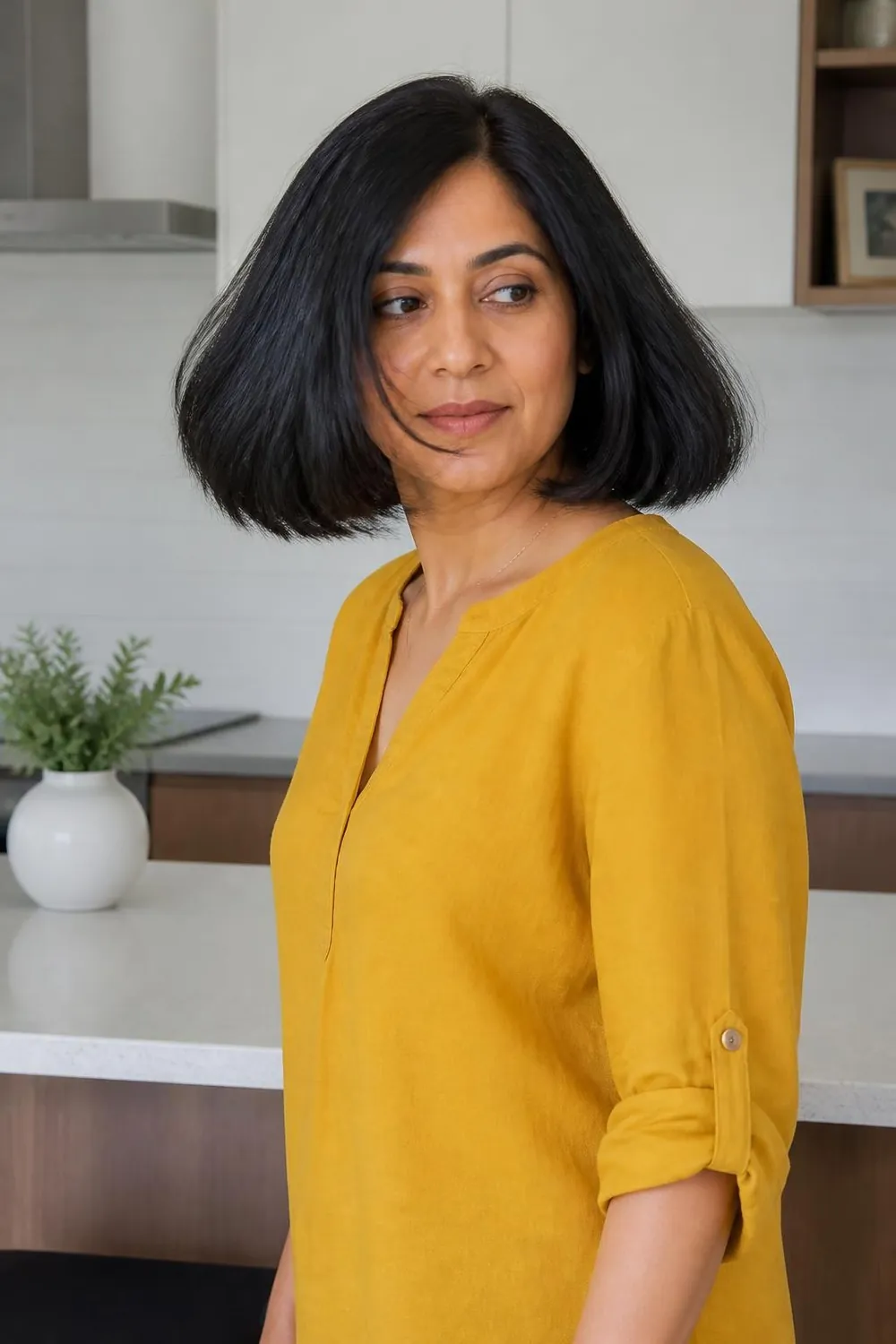 Chin-length bob with internal layers removing bulk, made for thick coarse hair