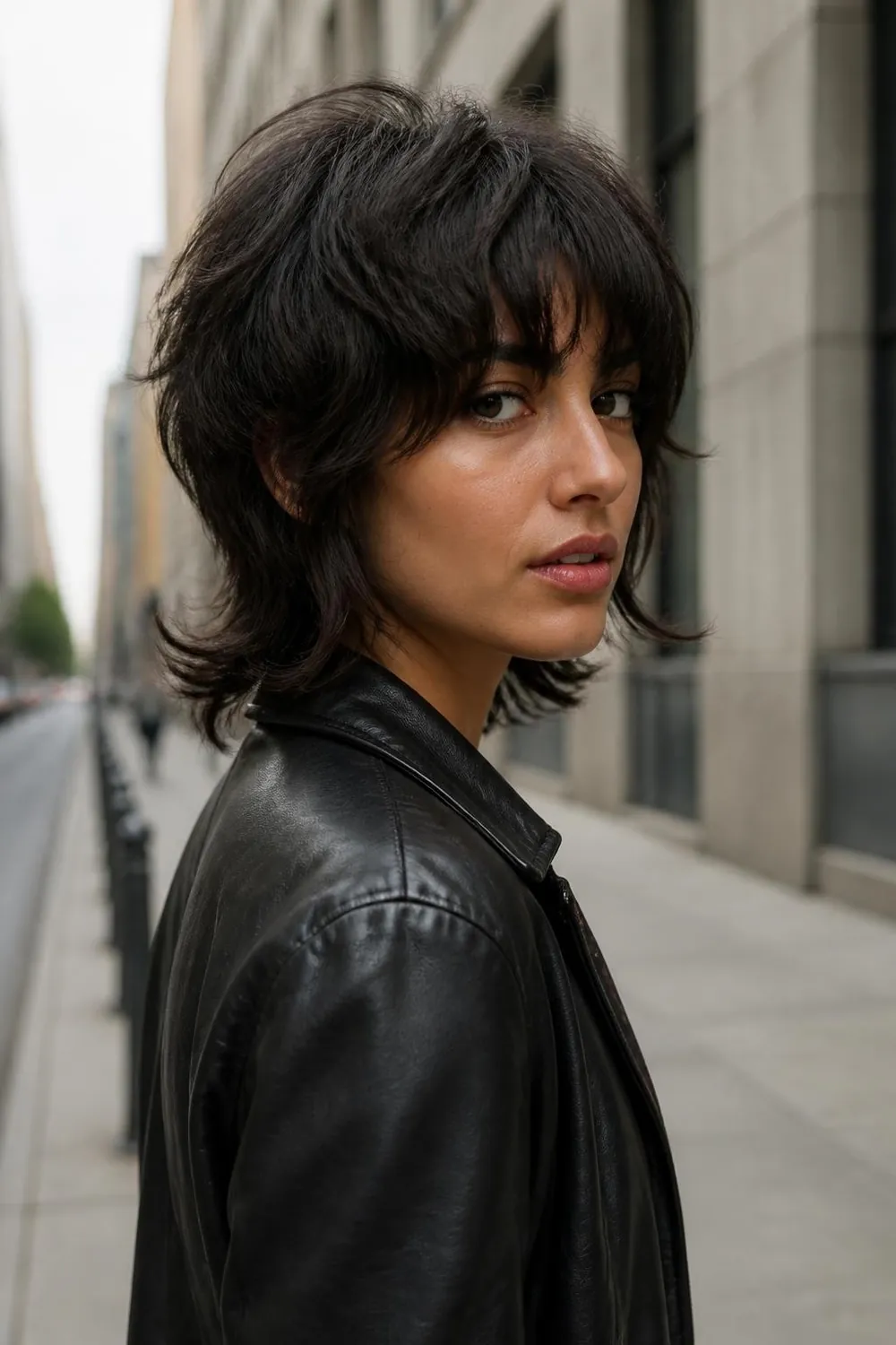 Short wolf cut with shaggy crown layers and wispy ends for thick wavy hair