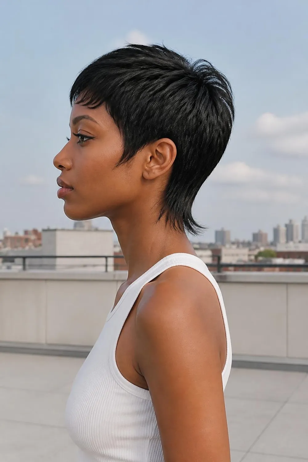Mixie haircut blending a pixie top with a longer wispy nape for thick hair