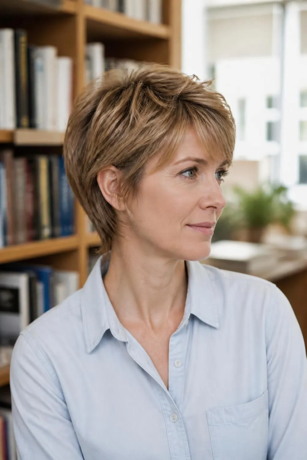 Classic bixie cut between a bob and a pixie with ear-length layers for fine hair