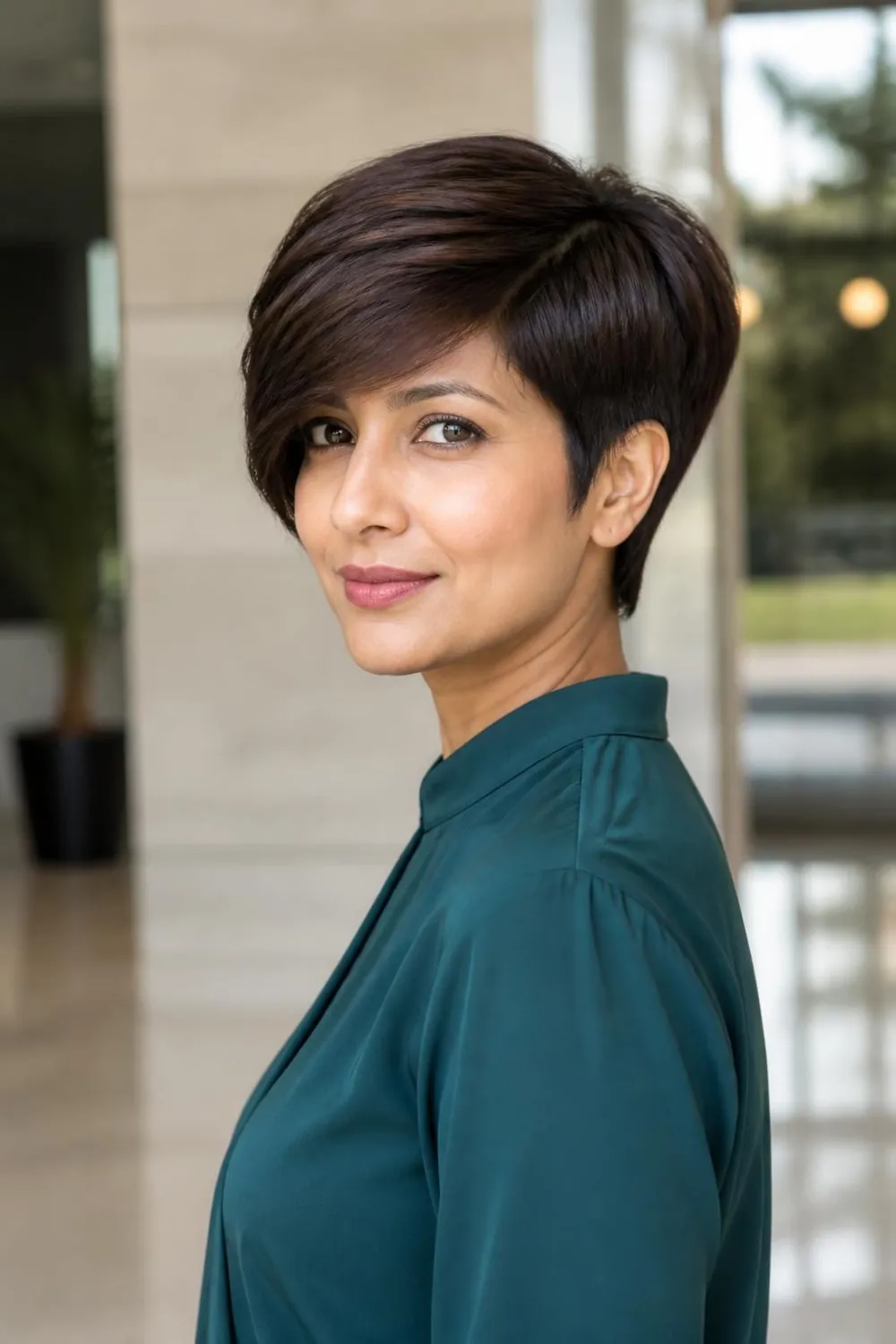 Long layered pixie with a side-swept top, an easy first pixie for most women