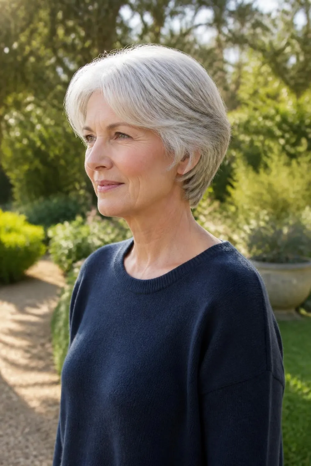 Soft silver pixie with blended layers and a side part for women over 60