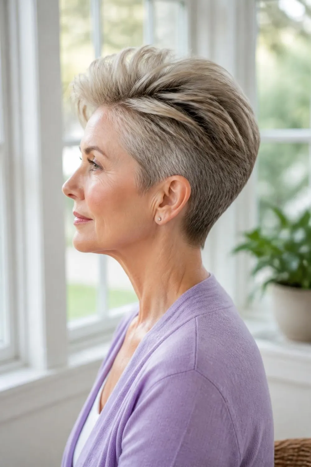 Crown-lift pixie with volume on top and tapered sides for women over 70 with thin hair