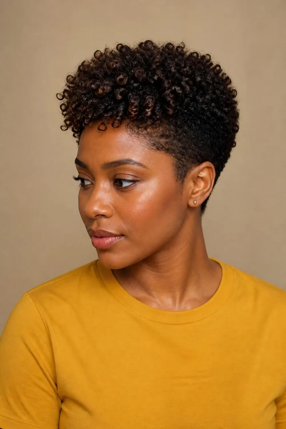 Tapered curly pixie with defined curls on top and short sides for 3B to 4A curls
