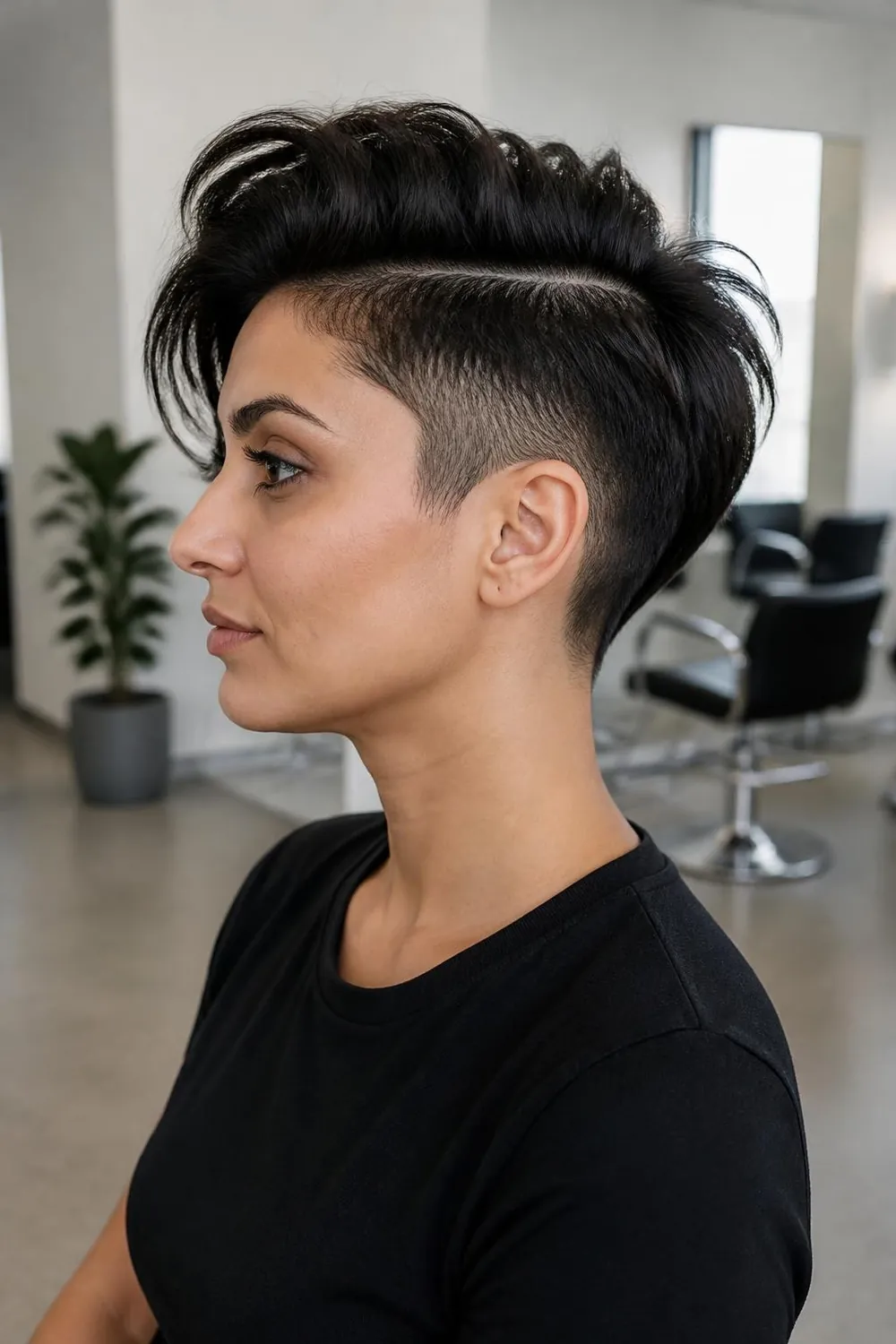 Undercut pixie with clipped sides under a longer top, made for very thick hair