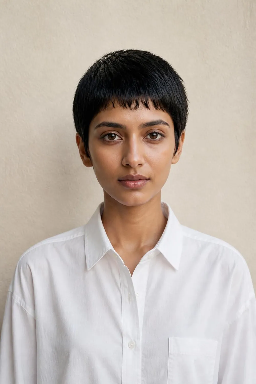 Gamine crop with a tiny wispy fringe and close sides for women with delicate features