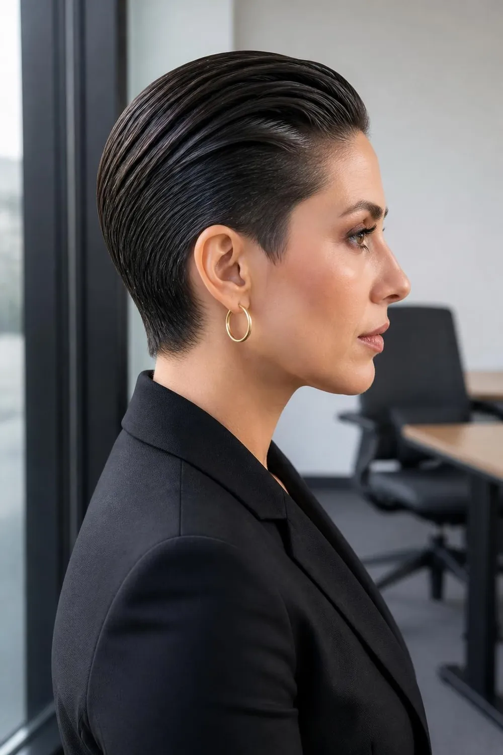 Slick-back pixie with a glossy combed-back top for straight or wavy hair