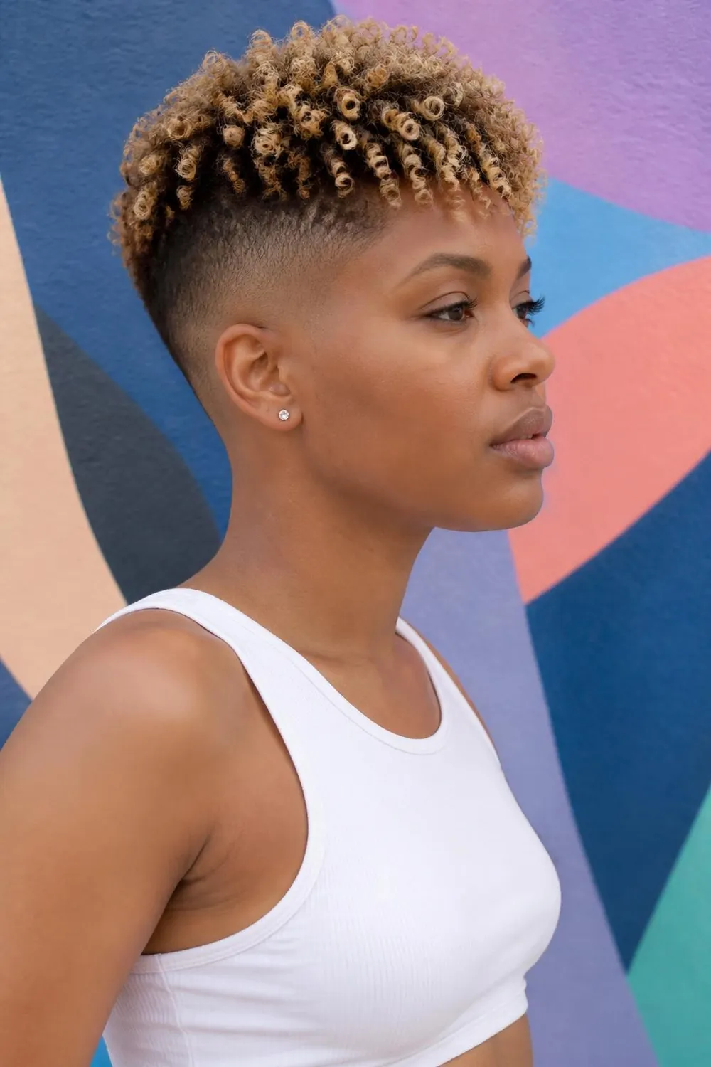 Curly top with faded sides and defined coils for curly or coily hair