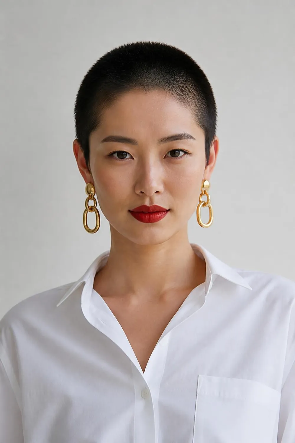 Soft buzz cut with a number 4 guard, a bold short haircut for confident women