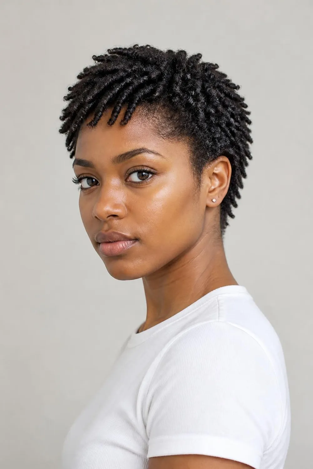 Short low cut with small springy sponge twists on 4C natural hair