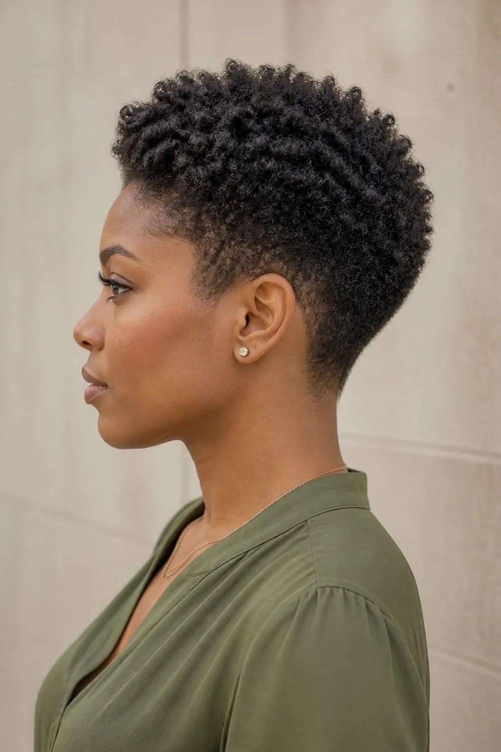 Tapered teeny weeny afro with close sides and a rounded top on natural hair