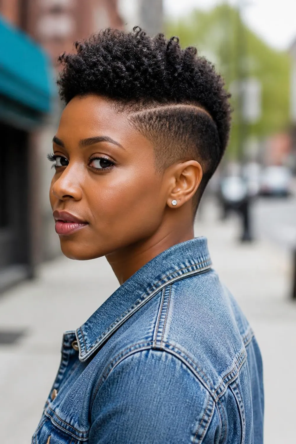 Tapered natural cut with a shaved hard part line on one side for Black women