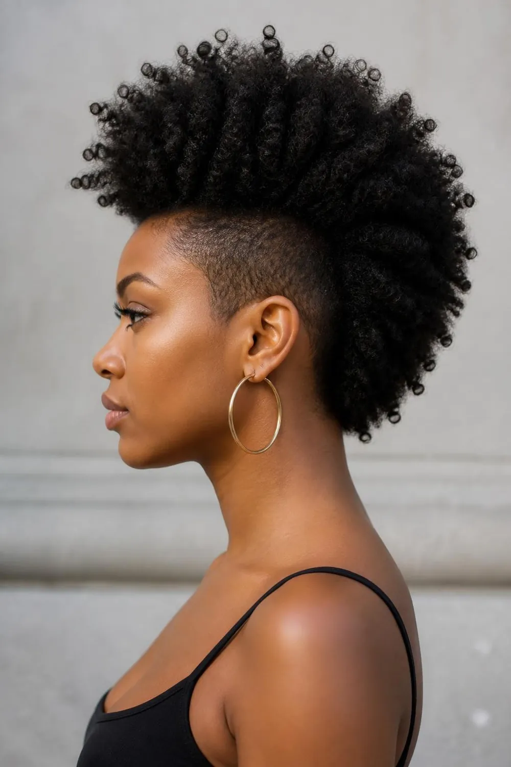 Curly frohawk with tapered sides and a strip of defined coils on top