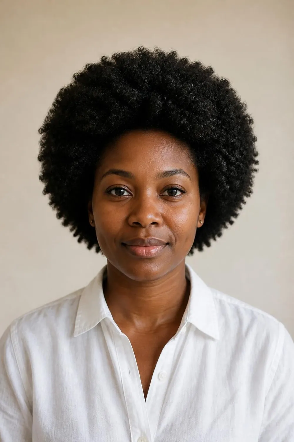 Short rounded 4C afro picked out into a full even shape