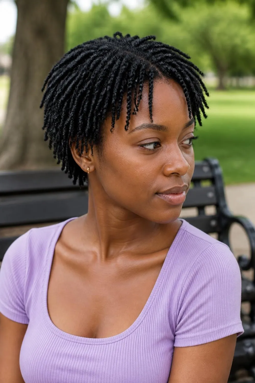 Pencil-width mini two-strand twists on short natural hair for Black women
