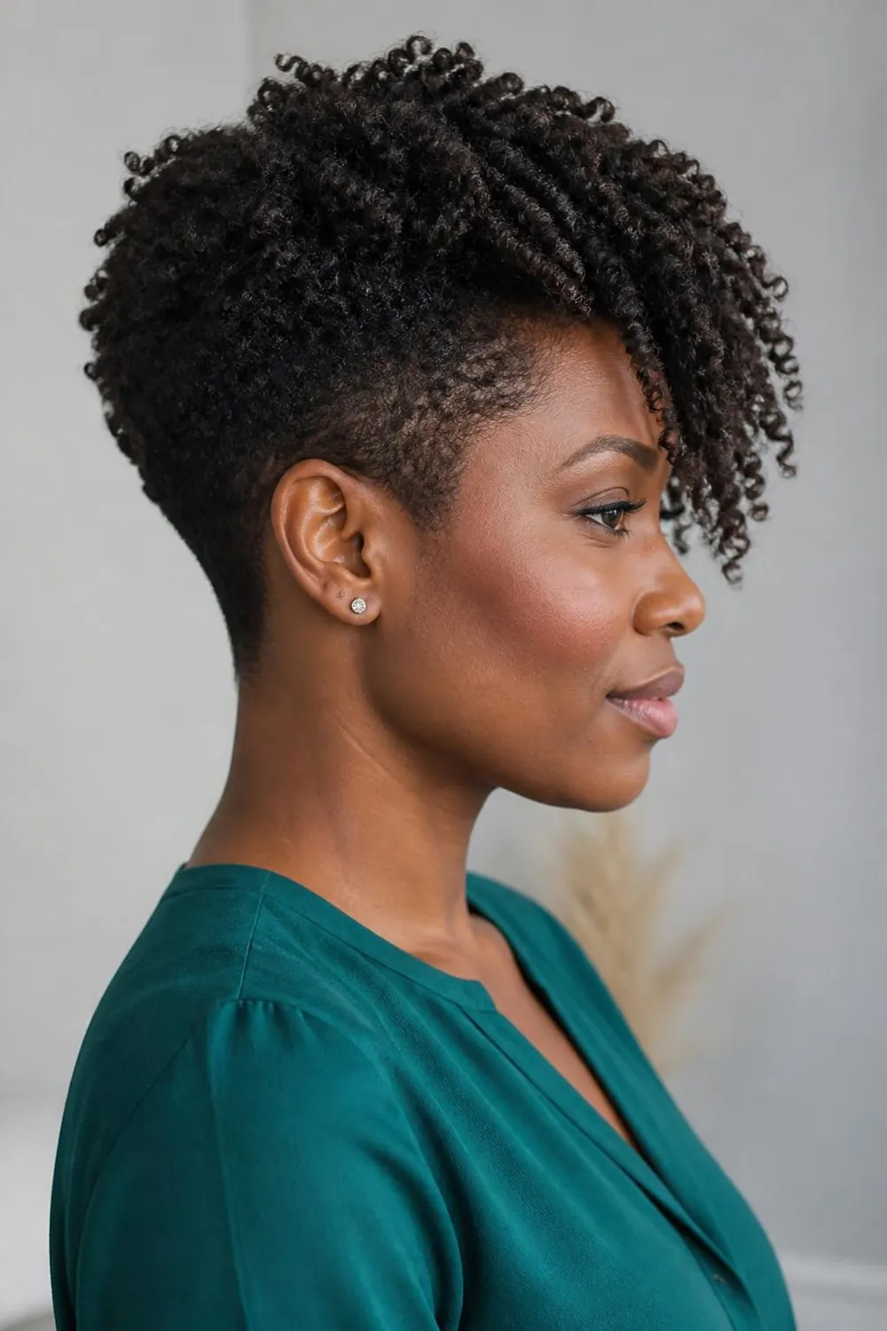 Natural coily pixie cut with longer coils at the front and tapered sides
