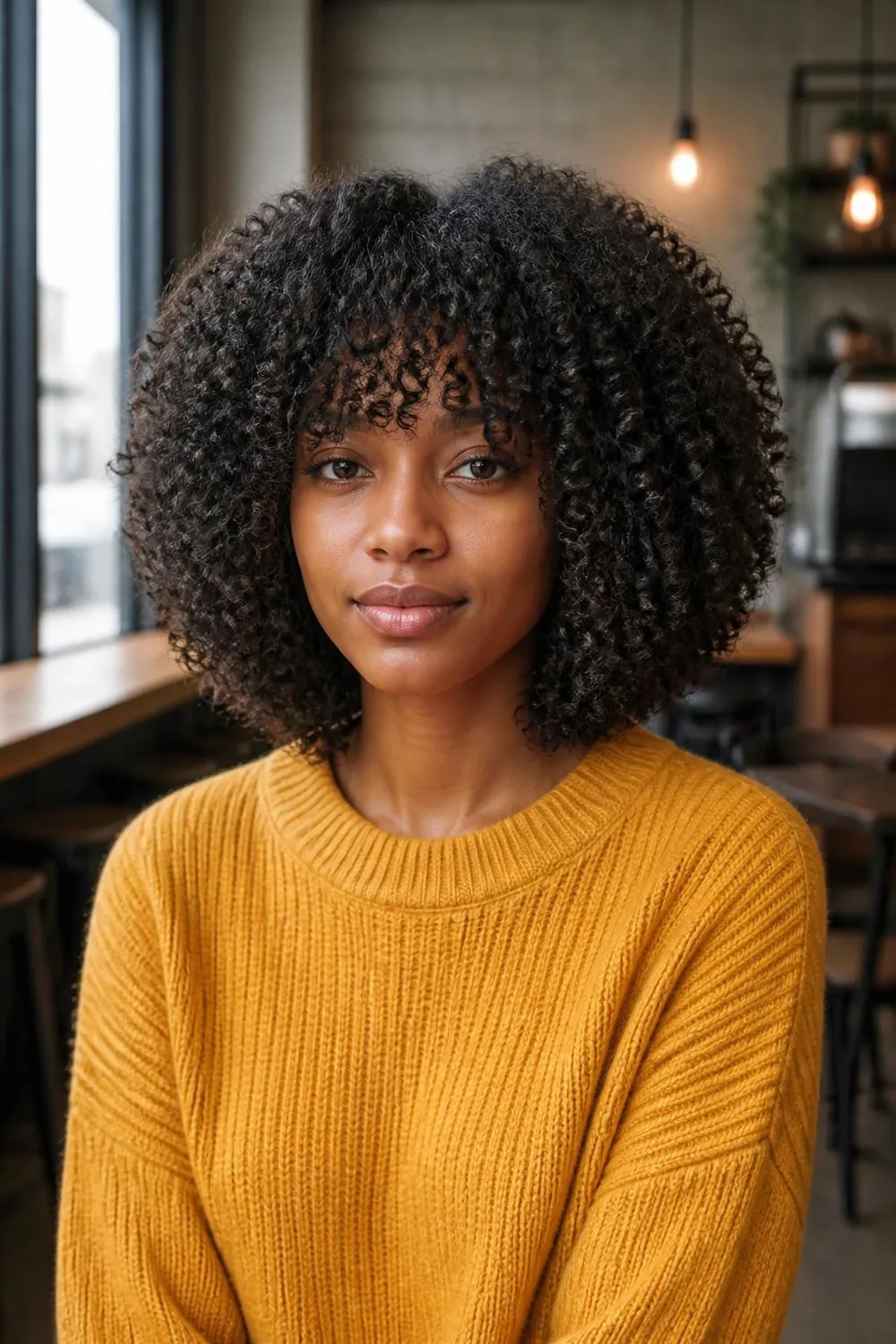 Rounded curly cut with face-framing curly bangs on 3C natural hair